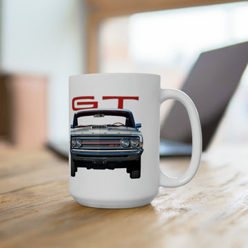 1969 Torino GT 15oz ceramic mug on wooden table, featuring car graphic design.
