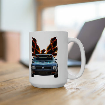 1974 Trans AM 15oz ceramic mug with vintage car design on a wooden table.