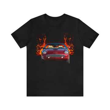 2004 T-Bird in our lava series short sleeve tee, black with fiery car graphic, lightweight cotton.