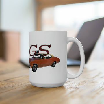 1971 GS Gran Sport 15oz ceramic mug with car graphic, microwave and dishwasher safe.