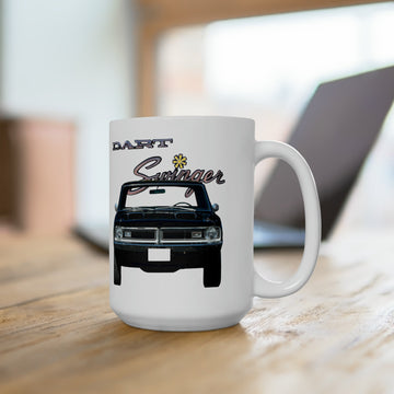 1972 Dart Swinger Ceramic Mug 15oz on wooden table, vintage car design. Dishwasher and microwave safe.