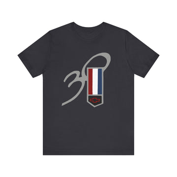 30th Anniversary Chevy Camaro Emblem short sleeve tee with classic emblem design on soft black fabric.