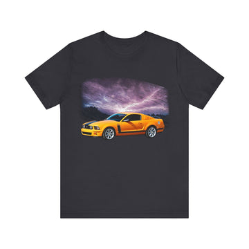 2007 Mustang 302 lightning series short sleeve tee featuring a bold car graphic on black fabric.