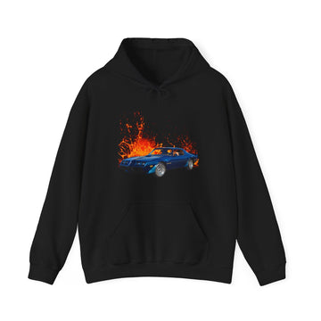 1979 Firebird Trans AM lava series hoodie with fiery design, unisex cotton-polyester blend.