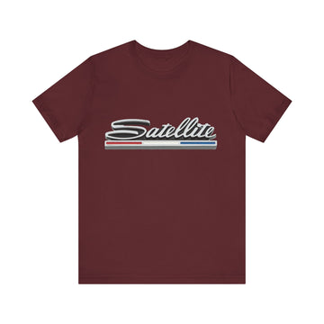 Plymouth Satellite Logo Short Sleeve Tee, classic design, maroon color.