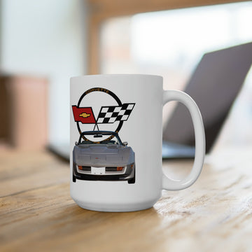 1982 Corvette Anniversary Edition 15oz ceramic mug with a car graphic, dishwasher and microwave safe.
