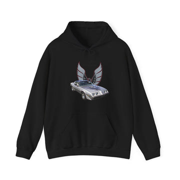 1979 10th Anniversary Firebird Trans AM Hoodie with car and wings design, unisex cotton-polyester blend.