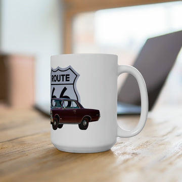 1965 GTO Route 66 ceramic mug 15oz on wooden table.