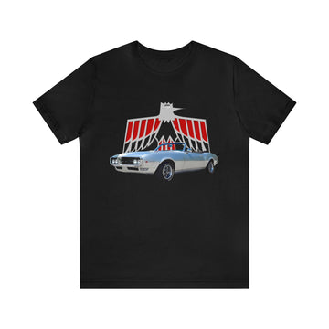 1968 Firebird Short Sleeve Tee featuring a vintage car graphic on a black background.