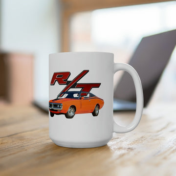 1971 Charger RT 15oz ceramic mug with vintage car graphic, dishwasher and microwave safe.