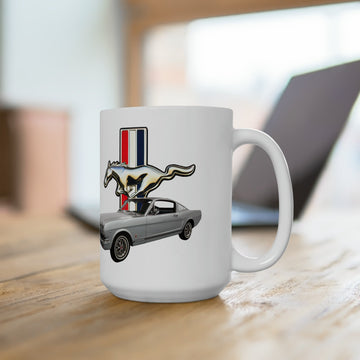 1966 Mustang Fastback 15oz ceramic mug with car graphic, dishwasher and microwave safe.