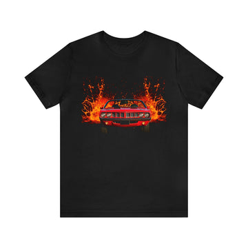 1971 Barracuda lava series short sleeve tee with fire graphic design.