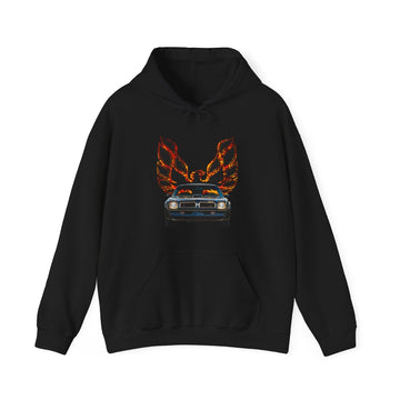 1976 Firebird Trans AM SE Unisex Heavy Blend Hoodie with car and flame design.