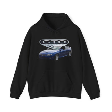 2006 GTO Hoodie with car graphic, black, unisex, cotton-polyester blend, classic fit.