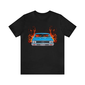 1966 Chevelle lava series short sleeve tee with car design on black background.