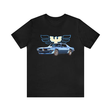 1970 Firebird Trans AM short sleeve tee with blue car and emblem.