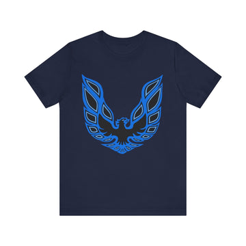 Pontiac Firebird Trans AM Logo Short Sleeve Tshirt in navy blue with a bold blue logo design.