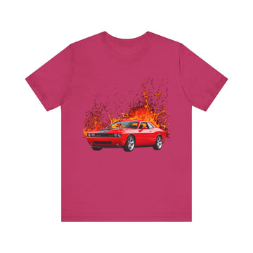 2010 Challenger in our lava series short sleeve tee with fiery car graphic.