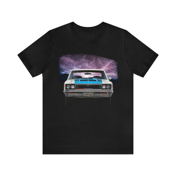 1970 Rebel The Machine lightning series short sleeve tee, black with vintage car design.