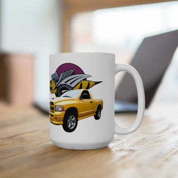 2005 Rumble Bee 15oz ceramic mug with yellow truck design, dishwasher and microwave safe.