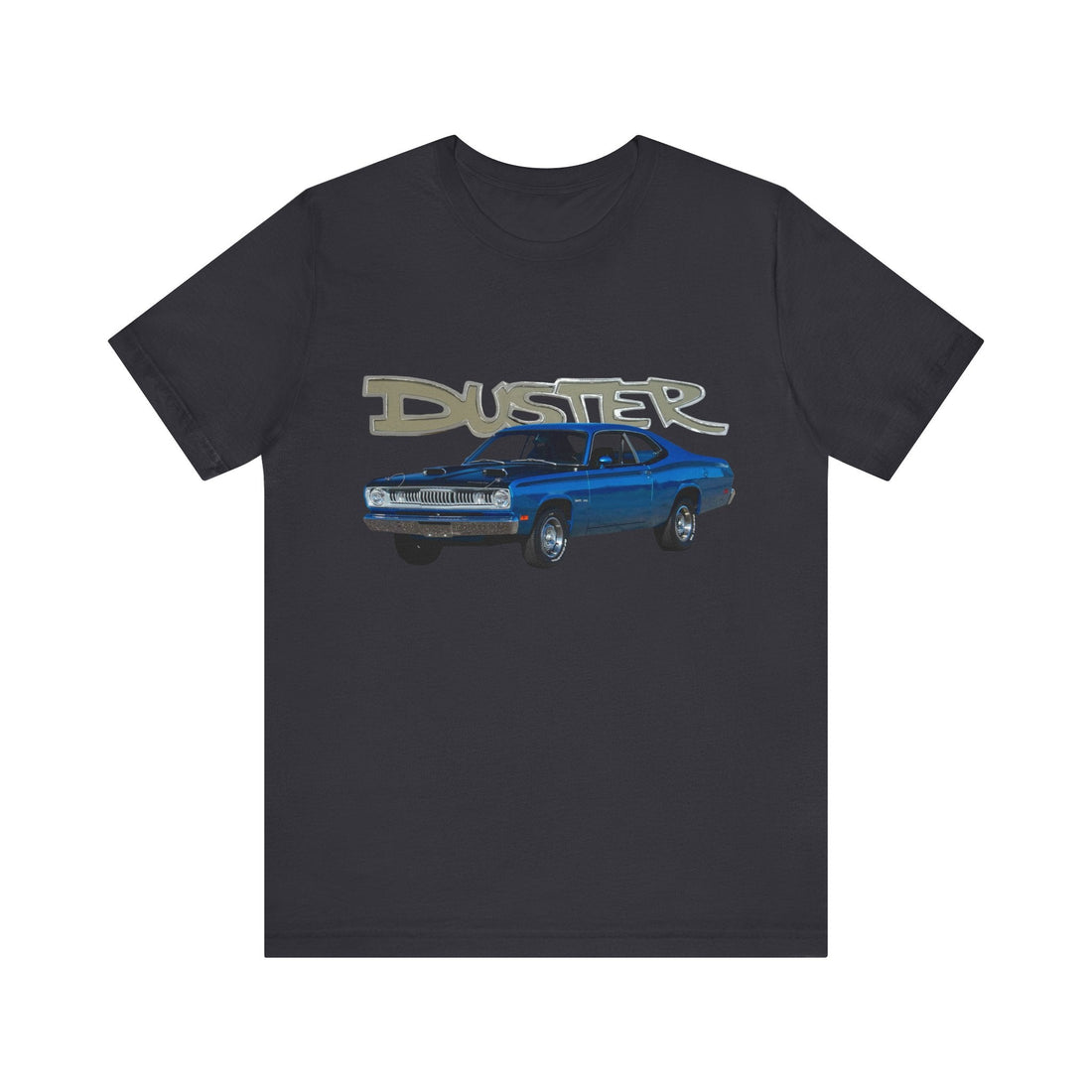 1970 Duster Short Sleeve Tee with vintage blue Plymouth car graphic.