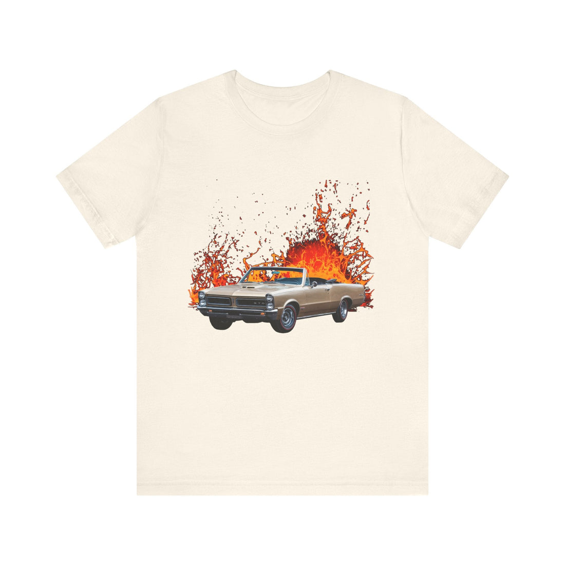 1965 Pontiac GTO Lava Series short sleeve tee with burning car graphic, unisex fit.