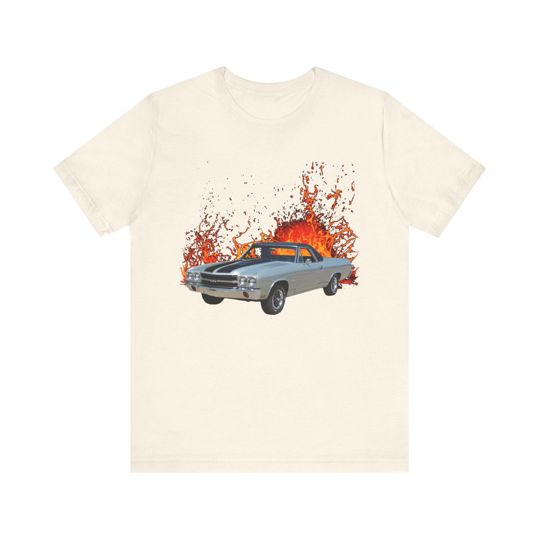 1970 El Camino lava series short sleeve tee with vintage car graphic on black shirt.