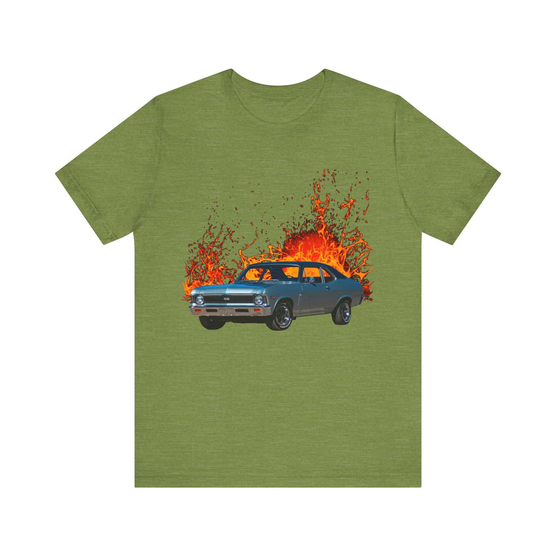 1969 Chevy Nova SS lava series short sleeve tee with fiery background design.