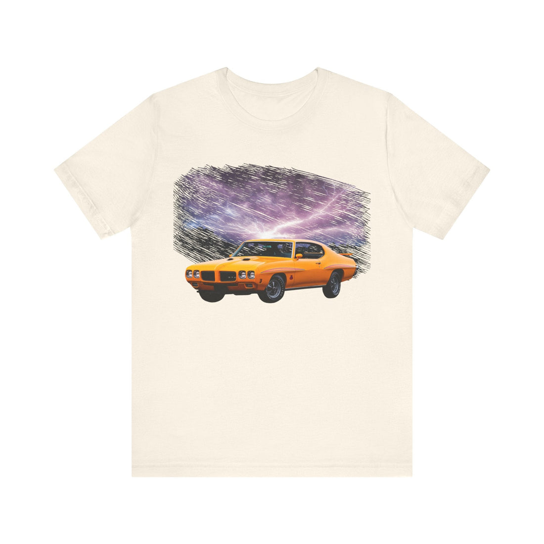 1970 Pontiac GTO Judge lightning series short sleeve tee with car graphic on black fabric.