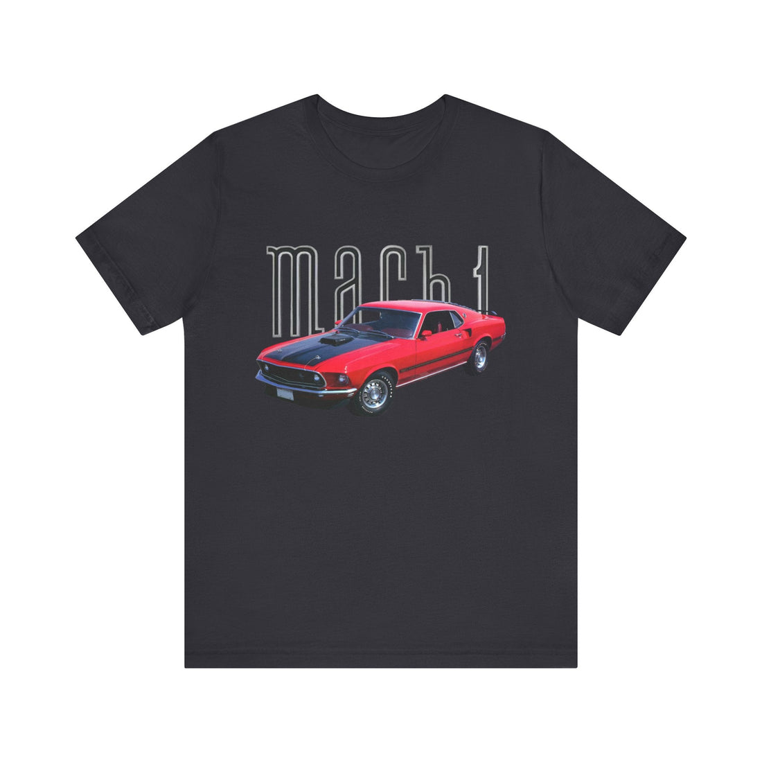1969 Mustang Mach 1 Short Sleeve Tee with red car graphic on navy shirt.
