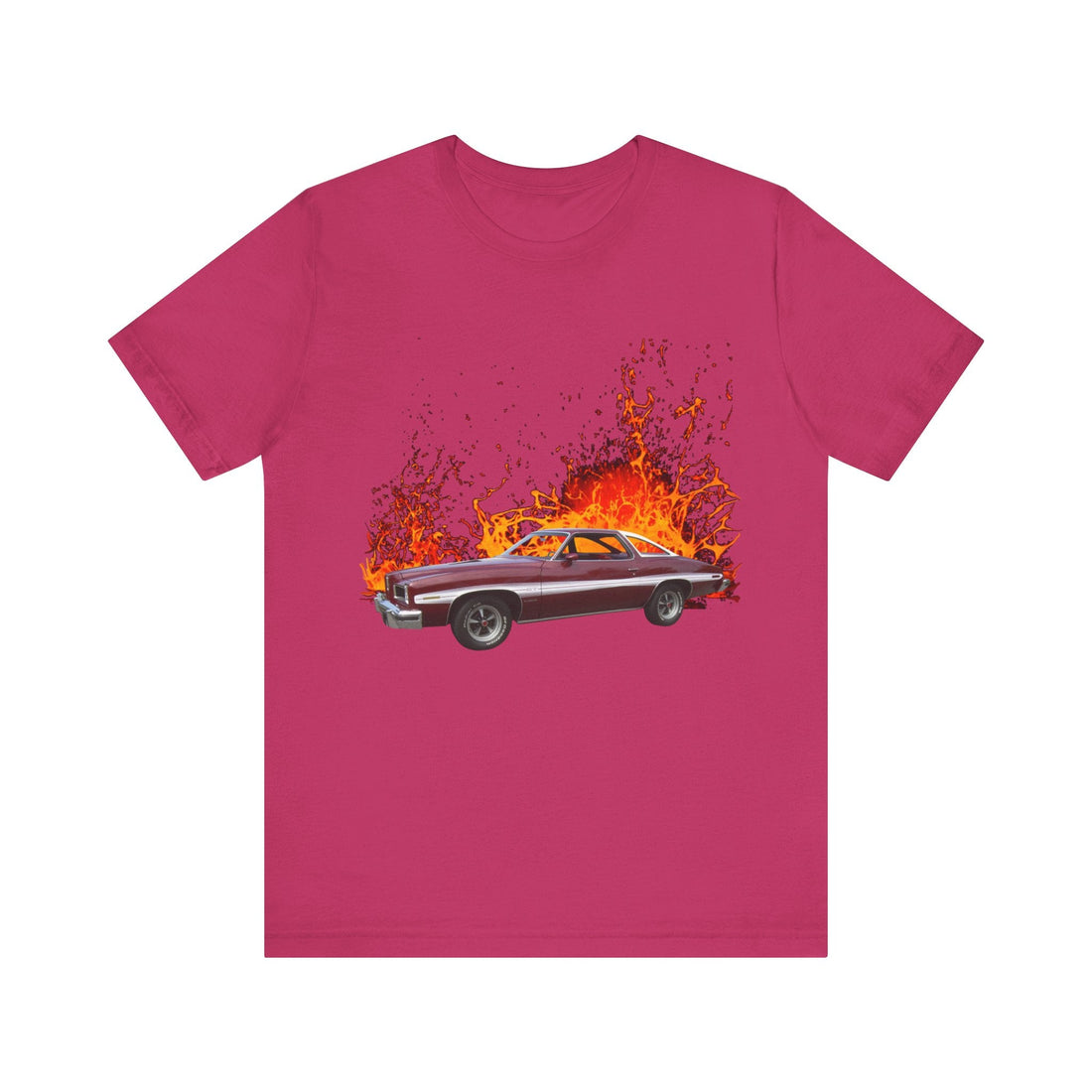 1974 Pontiac Lemans GT lava series short sleeve tee, black with fiery car graphic.