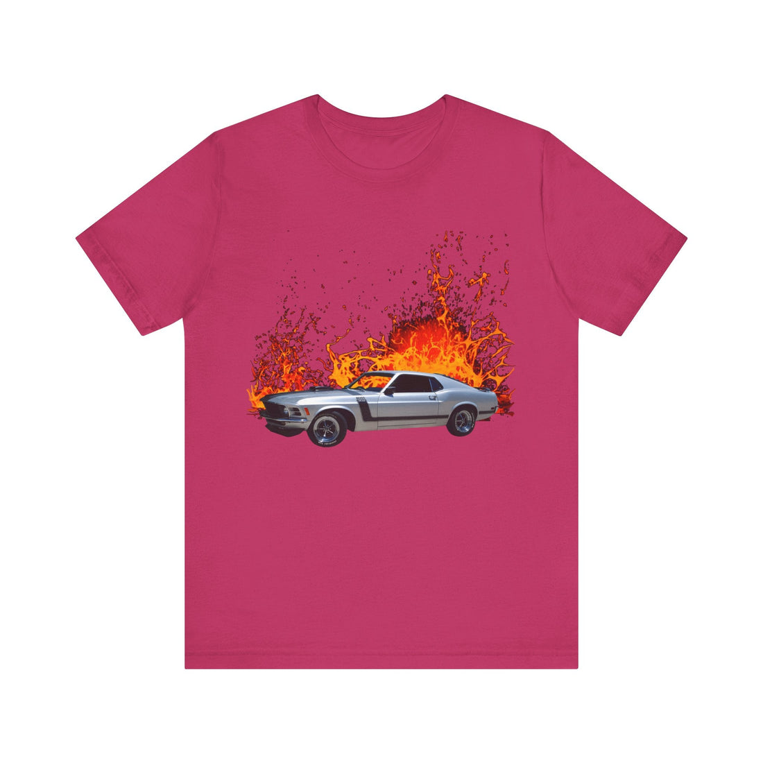 1970 Ford Boss Mustang lava series short sleeve tee with car design on front.