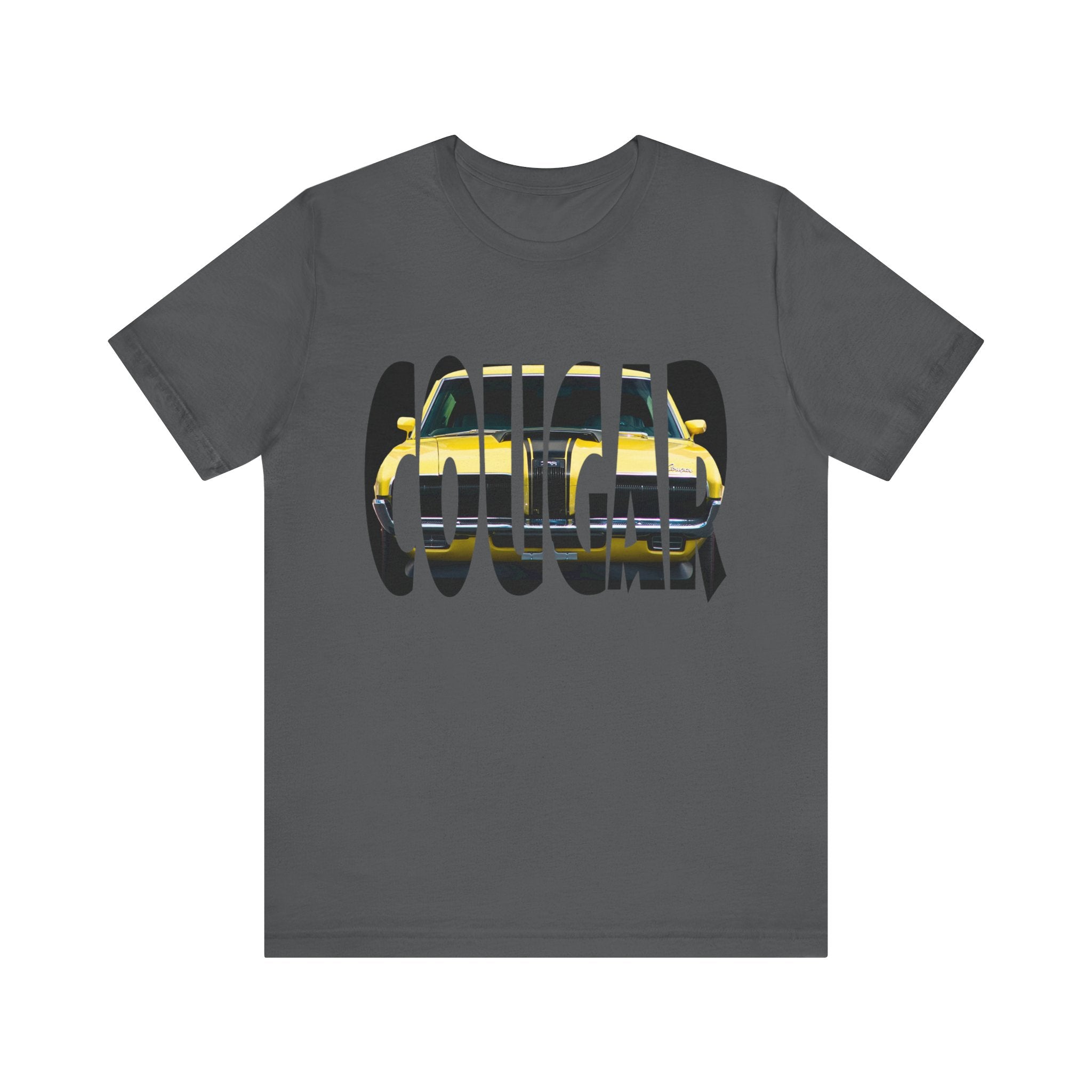 1969 Cougar Eliminator letters series short sleeve tee in dark gray with vintage car design.