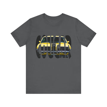 1969 Cougar Eliminator letters series short sleeve tee in dark gray with vintage car design.