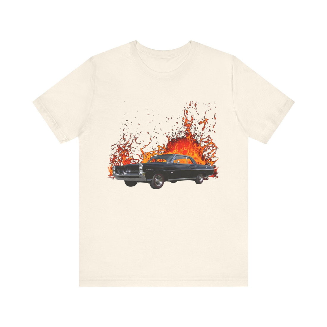 1964 Pontiac Catalina lava series short sleeve tee, black with vibrant flames, classic car design.