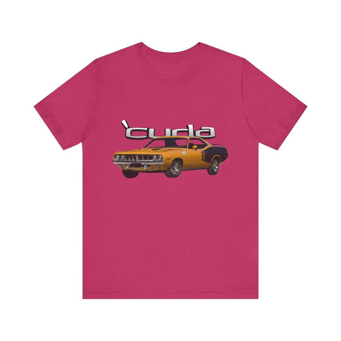 1971 Plymouth Cuda Short Sleeve Tee with vintage car graphic on black fabric.