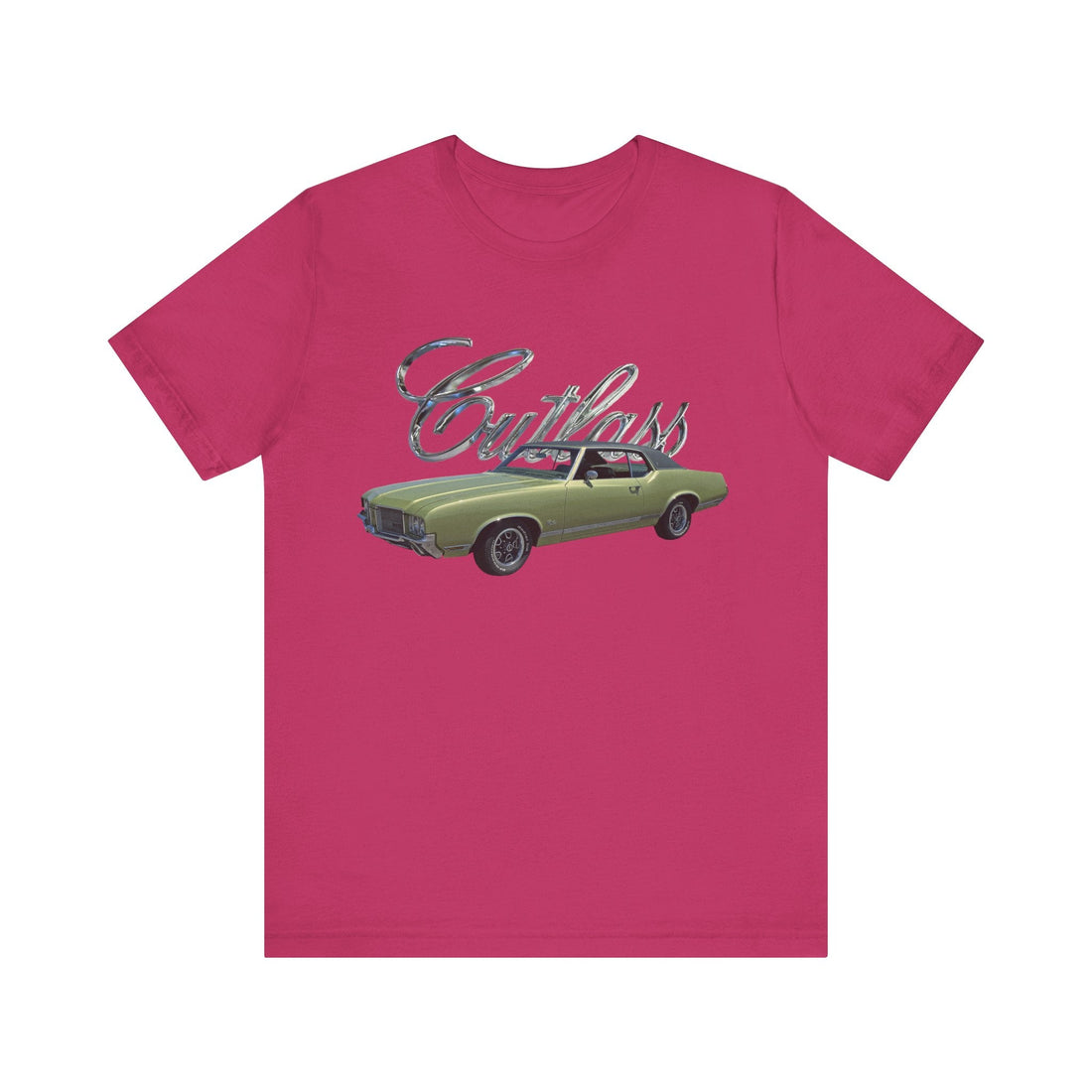 1971 Olds Cutlass Short Sleeve Tee with green vintage car design, soft cotton, unisex fit.
