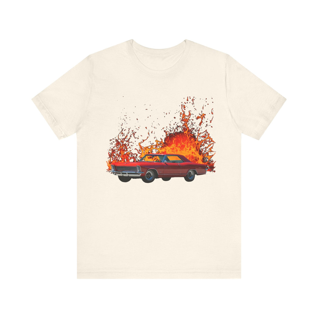 1965 Buick Riviera GS lava series short sleeve tee with fiery graphic design.