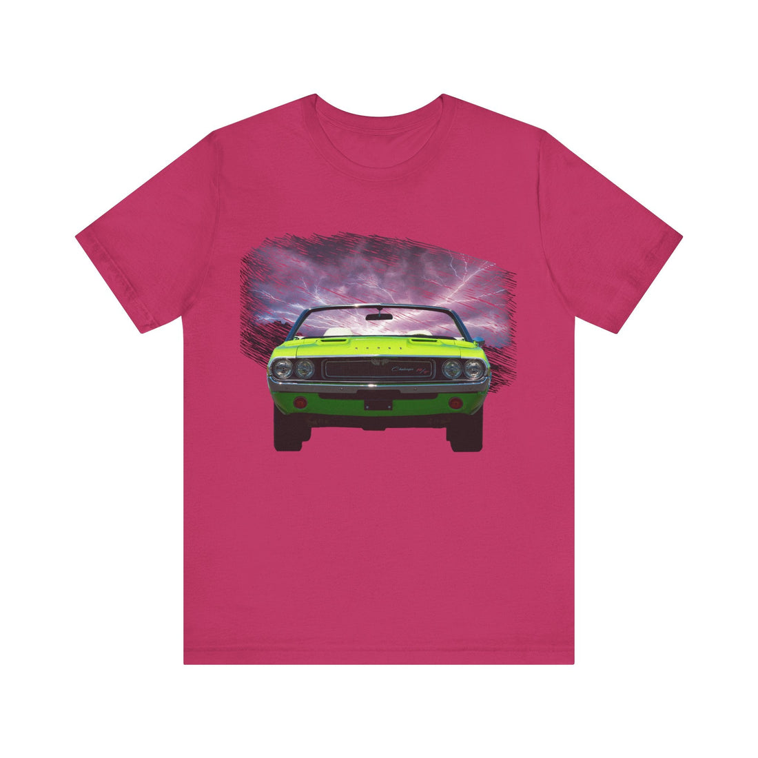 1970 Challenger lightning series short sleeve tee with green car graphic.