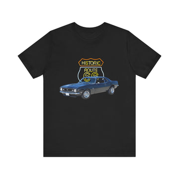 1968 Chevy Camaro in our Route 66 in the dark series Short Sleeve T-Shirt