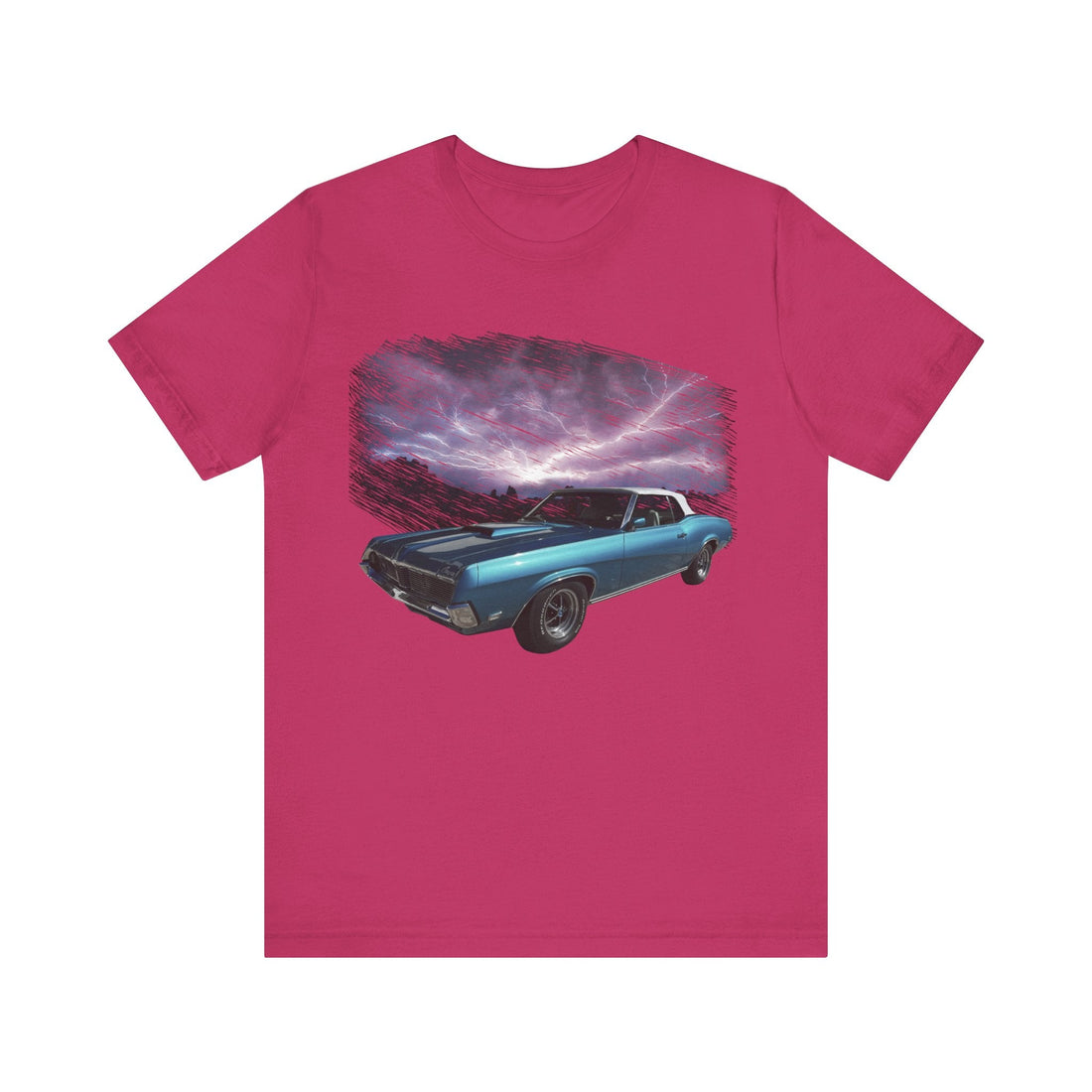 1969 Mercury Cougar lightning series short sleeve tee featuring blue car design on black shirt.