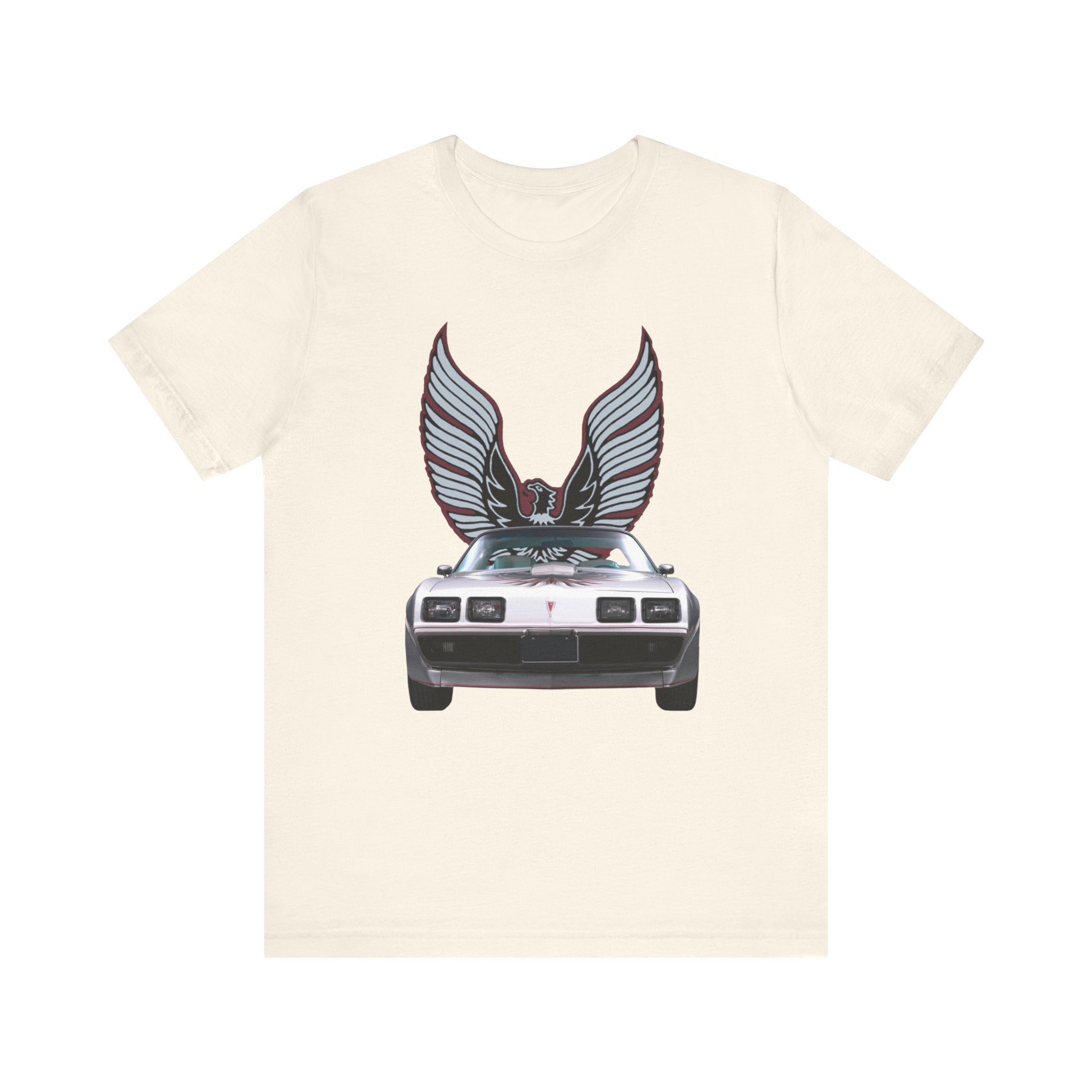 1979 Pontiac 10th Anniversary Firebird Trans AM short sleeve tee featuring vintage car design on cream fabric.