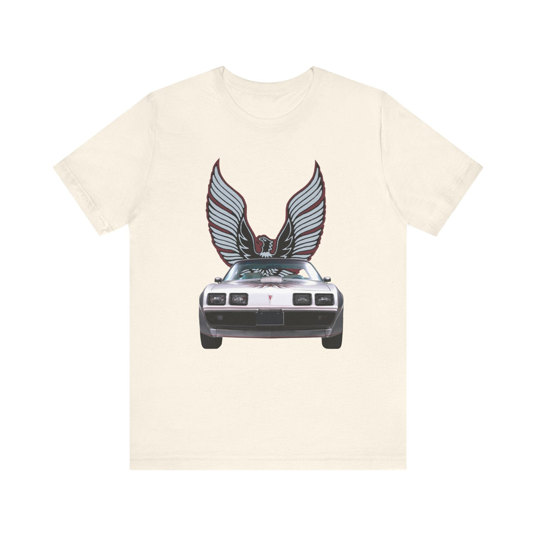 1979 Pontiac 10th Anniversary Firebird Trans AM short sleeve tee featuring vintage car design on cream fabric.
