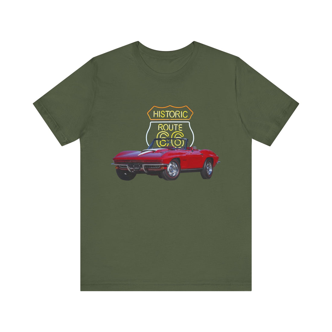 1967 Chevy Corvette in our Route 66 in the dark series Short Sleeve T-Shirt