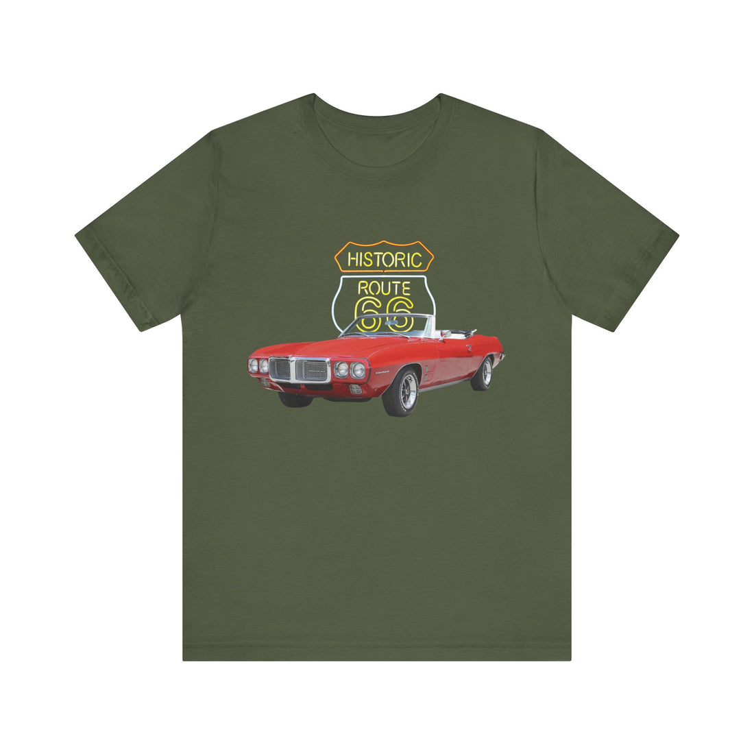1969 Pontiac Firebird in our Route 66 in the dark series Short Sleeve T-Shirt