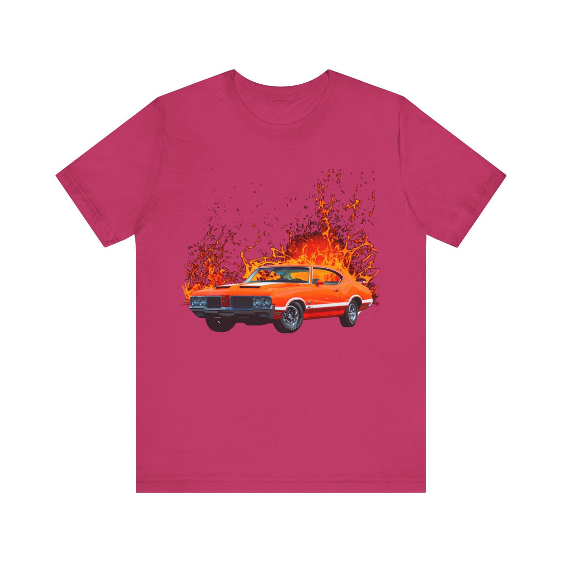 1970 Olds Cutlass 442 lava series short sleeve tee with fiery car graphic.