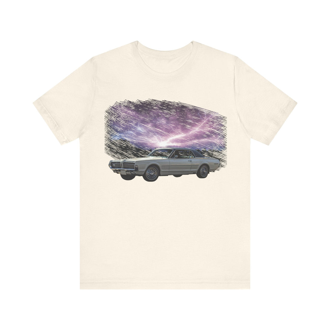 1967 Mercury Cougar XR7 lightning series short sleeve tee with car graphic.