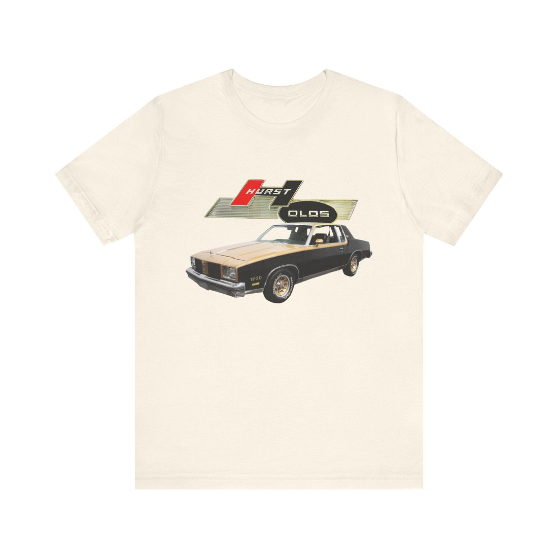 1979 Hurst Olds Cutlass 442 short sleeve tee with car graphic design.