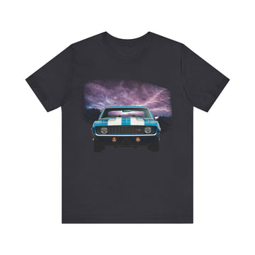 1969 Camaro Z28 lightning series short sleeve tee with vibrant car print.