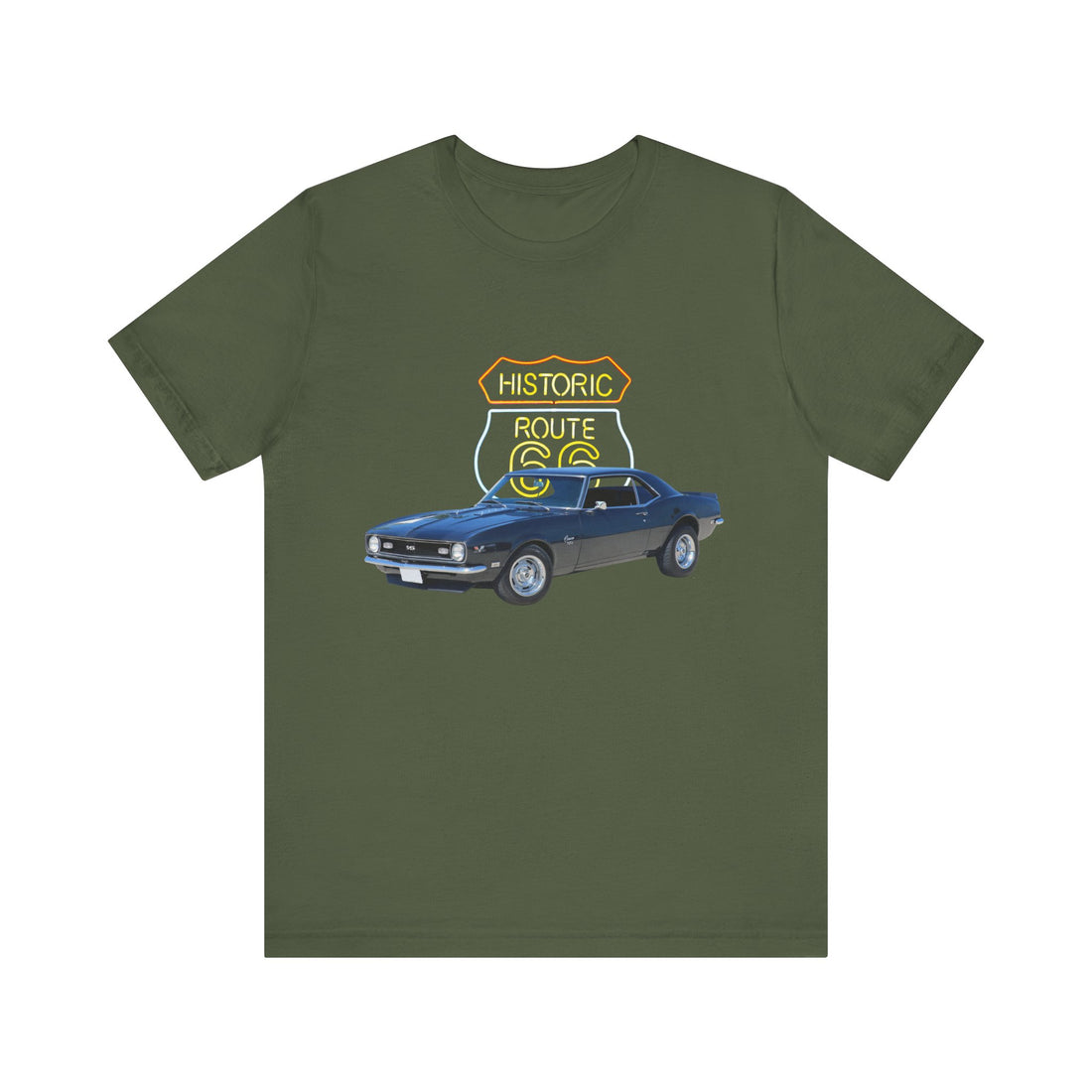 1968 Chevy Camaro in our Route 66 in the dark series Short Sleeve T-Shirt